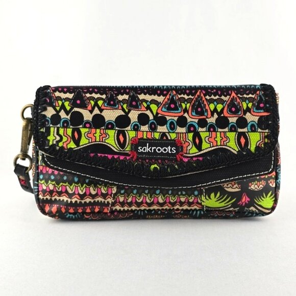 Sakroots Coated Canvas Double Bifold Wallet Clutch Multi Neon Boho Art-To-Wear - Picture 2 of 16